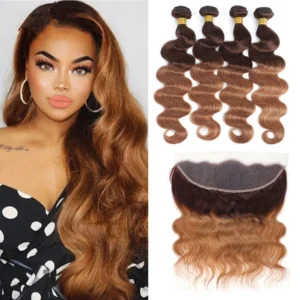 13x4 hd transparent lace frontal closure with ombre body wave human hair bundles, 100% brazilian remy hair extensions