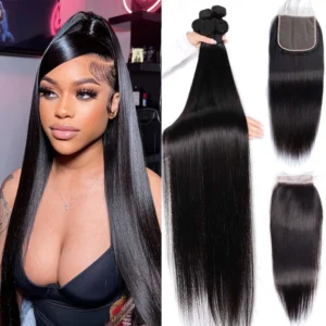 bone straight hd 13x4 lace closure brazilian human hair weave 3 or 4 bundles with frontal closure, natural color