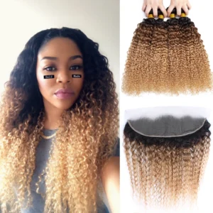 kinky curly ombre brazilian human hair weave 3 or 4 bundles with lace frontal closure blonde 1b/30/27 remy