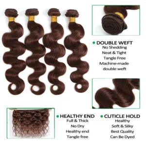 #4 brown brazilian body wave human hair, 3 or 4 bundles with hd lace frontal closure, extensions for women