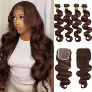 #4 chocolate brown body wave brazilian human hair, 3 or 4 bundles with 4x4 lace closure, 100% human hair extensions