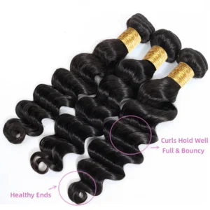 brazilian loose deep wave human hair 3 or 4 bundles, #1b color, with 4x4, 5x5, or 13x4 hd lace frontal closure