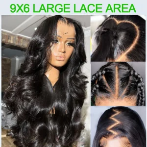 34 inch body wave glueless hd transparent lace frontal wig, 9x6 pre plucked, 100% brazilian human hair, ready to wear