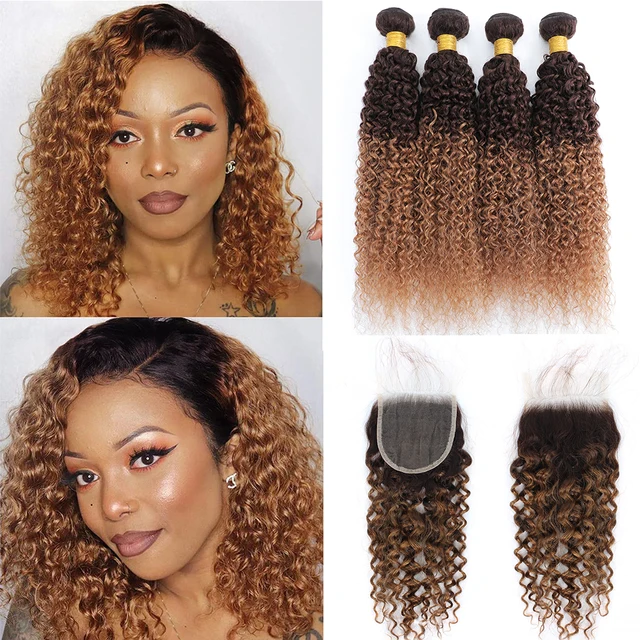 4 30HL Ombre Brazilian Curly Human Hair 3 or 4 Bundles with 4 4 Lace Closure Blonde Hair Weave Extensions Hair Wigs Market