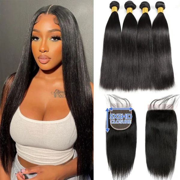 brazilian straight human hair bundles with hd lace closure, natural color, 3 or 4 bundles, 4x4, 5x5, 13x4 closures