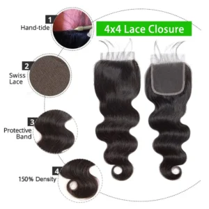 natural black brazilian body wave human hair bundles, 3 or 4 bundles with 4x4 or 13x4 hd lace closure for women