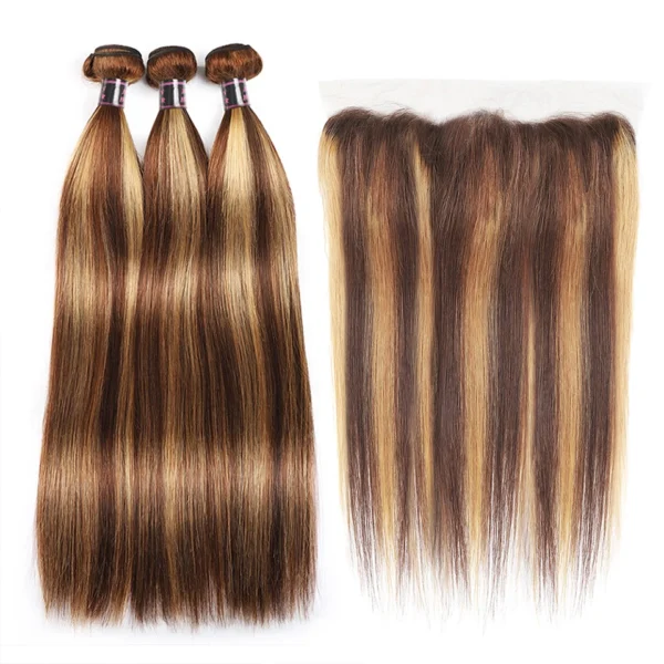 p4/27 highlight brazilian bone straight remy hair extensions, bundles with frontal closure for women