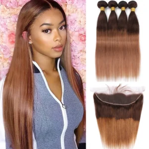 straight ombre 4/30 brown brazilian hair 3 bundles or 4 bundles with hd transparent lace frontal closure, remy human hair