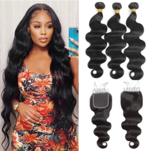 natural black brazilian body wave human hair bundles, 3 or 4 bundles with 4x4 or 13x4 hd lace closure for women