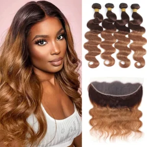 body wave ombre 4/30 brown brazilian hair 3 or 4 bundles with hd transparent lace frontal closure, remy human hair