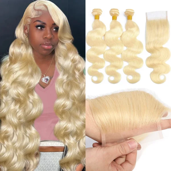 blonde 613 body wave vietnamese hair extensions, 100% human hair with 3 or 4 highlight pink bundles and hd lace frontal closure